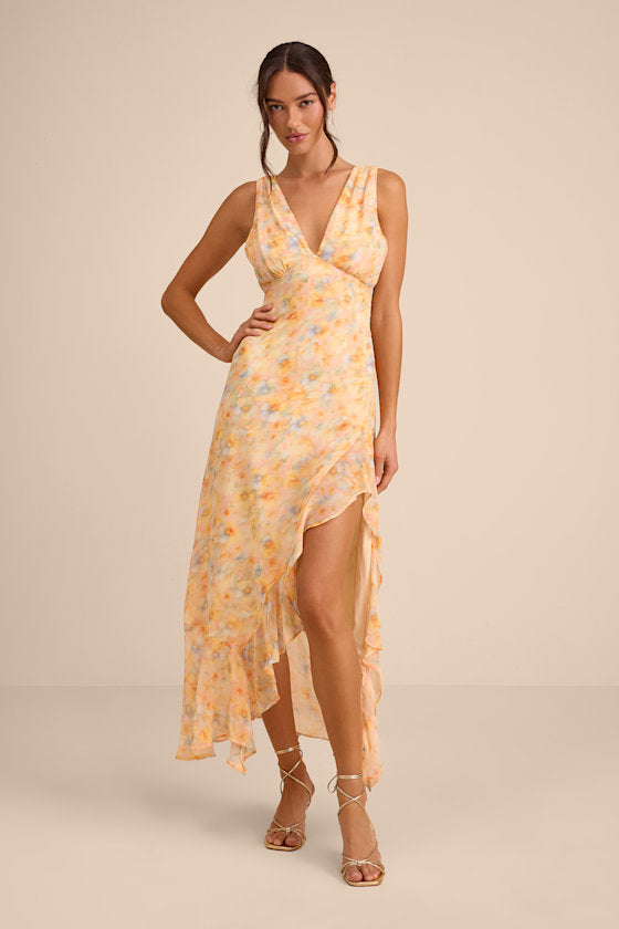 Laraline Navy Ruffled Cowl Back Maxi Dress #Color_Peach Multi Floral
