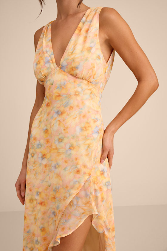 Laraline Peach Multi Floral Ruffled Cowl Back Maxi Dress #Color_Peach Multi Floral