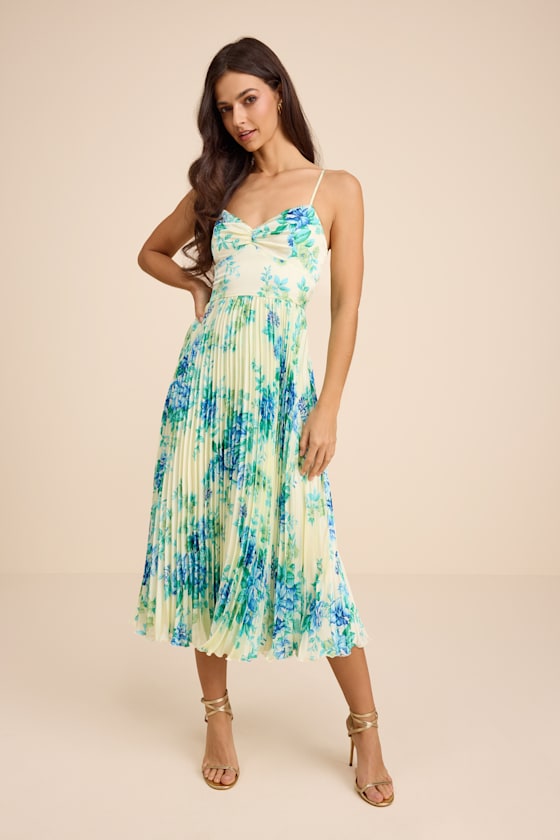 Francette Yellow Floral Satin Pleated Midi Dress #Color_Yellow Floral