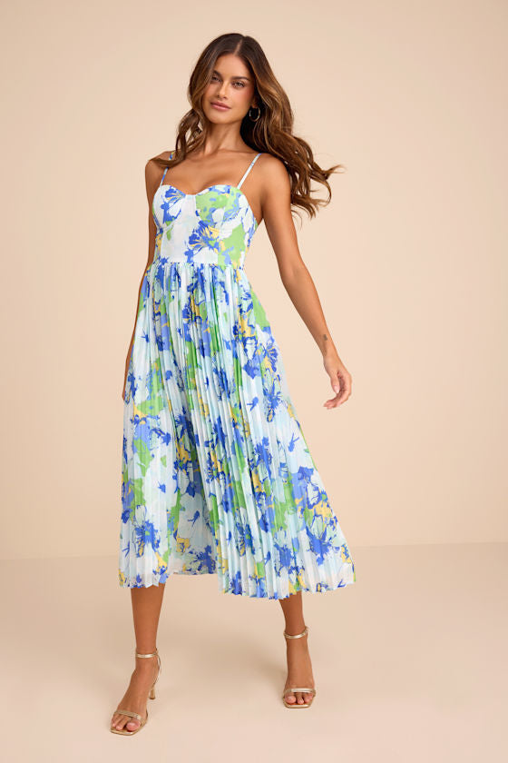 Dorothy Light Blue Multi Floral Print Pleated Midi Dress #Color_Light Blue Floral