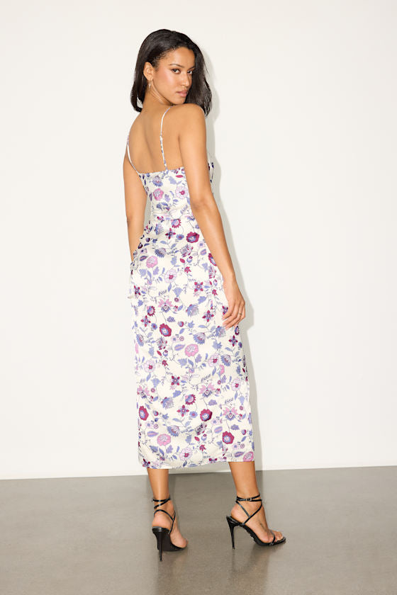 Truest Romance Slate Floral Print Sleeveless Ruched Midi Dress