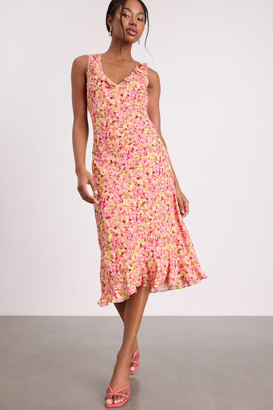 Renea White Ruffled Sleeveless Midi Dress #Color_Pink Multi Floral