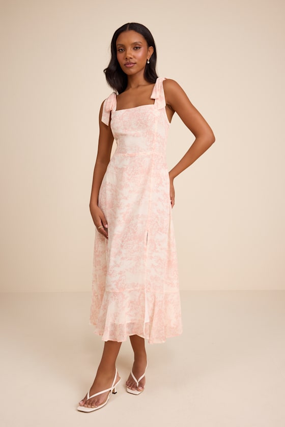 Summer Invite White and Pink Toile Tie-Strap Tiered Midi Dress #Color_White and Pink Toile