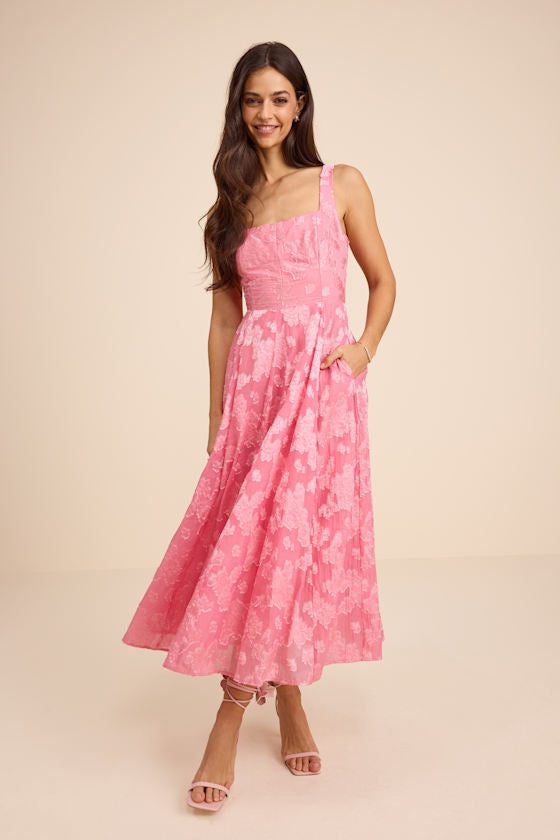 Loira Burgundy Burnout Jacquard Lace-Up Midi Dress