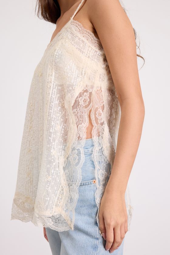 Aylani Cream Sheer Lace Sequin Slip Cami Top