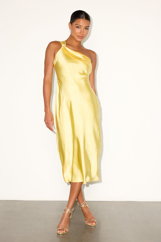 Naima Rust Red Satin One-Shoulder Midi Dress