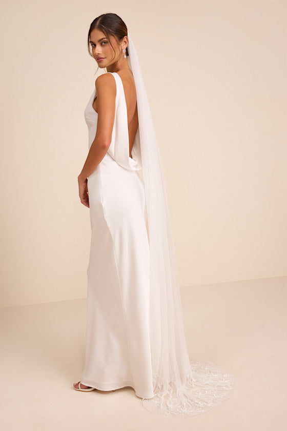 Rosewood White Tulle Beaded Long Veil #Color_White