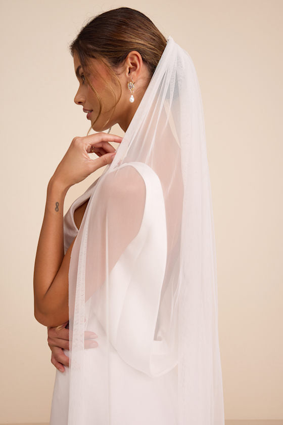 Rosewood White Tulle Beaded Long Veil #Color_White
