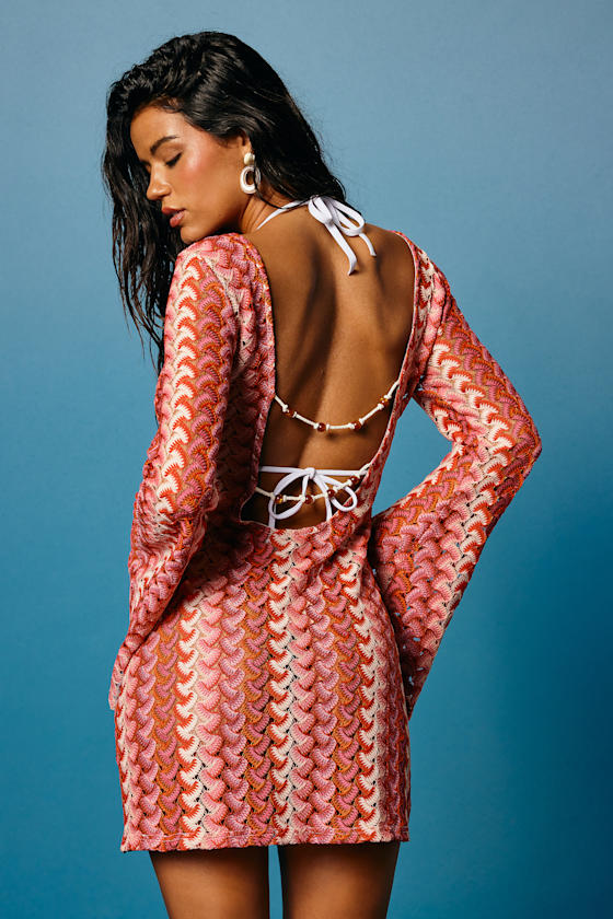 Valestra Blue Striped Crochet Long Sleeve Swim Cover-Up Dress
