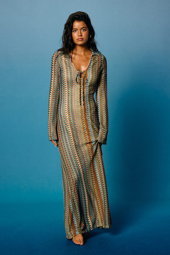 Vernazza Brown Multi Crochet Collared Long Sleeve Maxi Dress #Color_Brown Multi