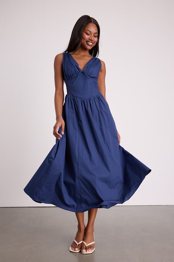 Lettie Navy Poplin Plunge Neck Midi Dress #Color_Navy