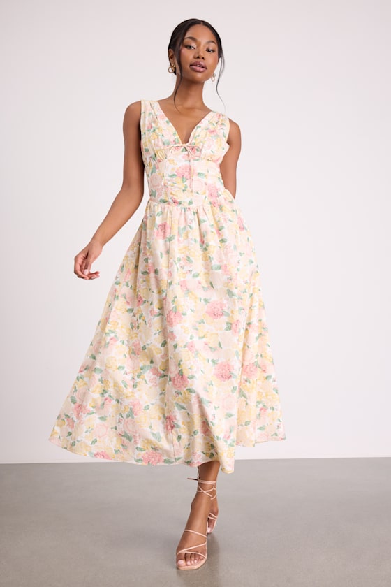 Lettie Red Poplin Plunge Neck Midi Dress #Color_Ivory Floral