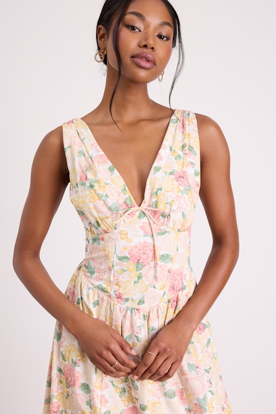 Lettie Ivory Multi Floral Poplin Plunge Neck Midi Dress #Color_Ivory Floral