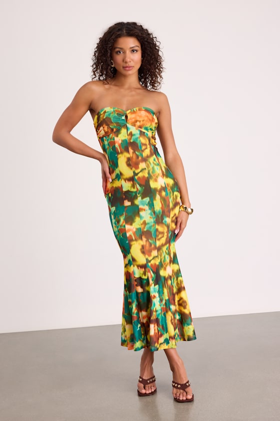 Islay Hot Pink Floral Abstract Mesh Strapless Midi Dress #Color_Green Multi Abstract