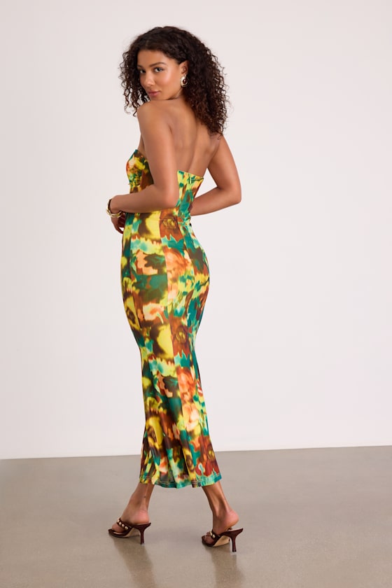 Islay Hot Pink Floral Abstract Mesh Strapless Midi Dress