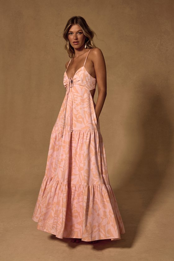 Mykonos Memories Blue and Ivory Abstract Maxi Dress With Pockets #Color_Peach and Pink Abstract