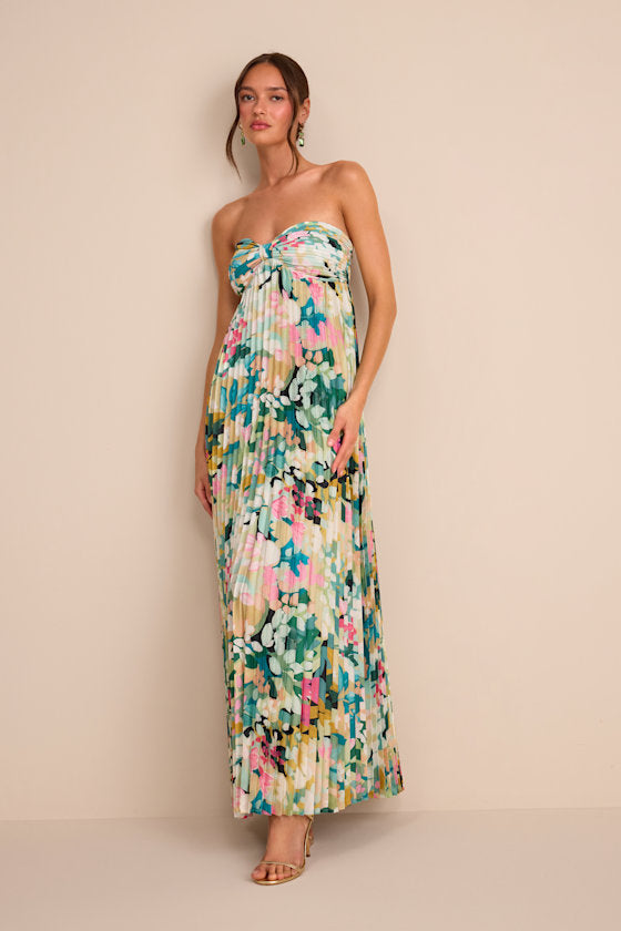 Whimsical Beauty Emerald Green Satin Plisse Strapless Maxi Dress #Color_Multi Floral