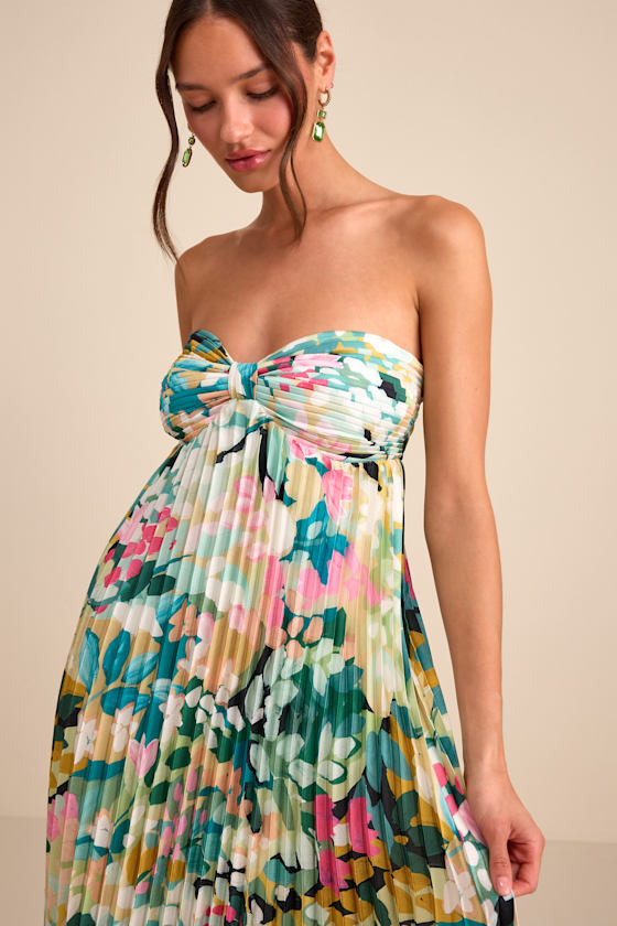 Whimsical Beauty Emerald Green Satin Plisse Strapless Maxi Dress