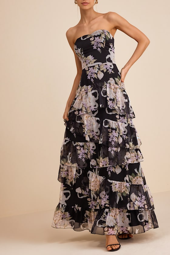 Niyati Blush Floral Strapless Tiered Maxi Dress #Color_Black Floral