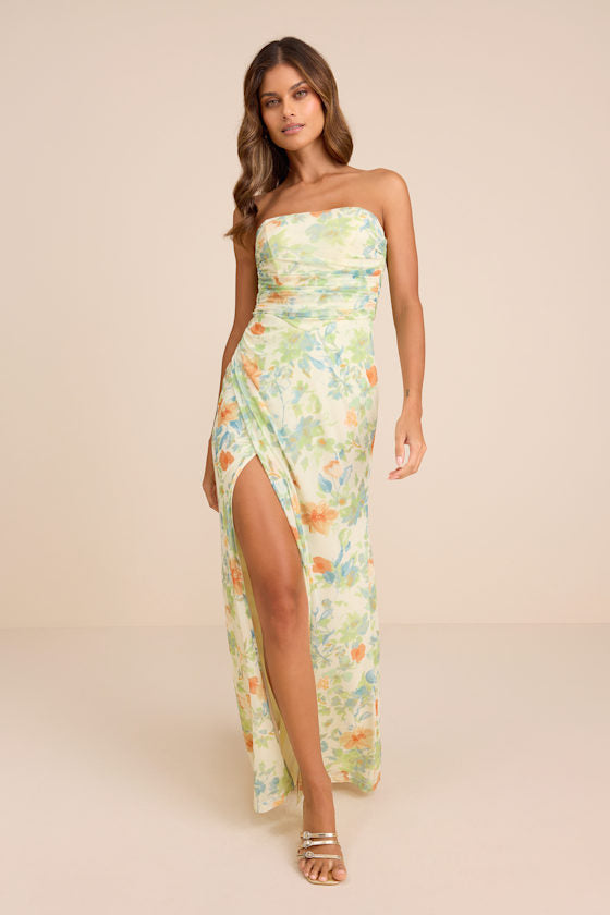 Epitome of Allure Purple Mesh Strapless Ruched Maxi Dress #Color_Lime Floral