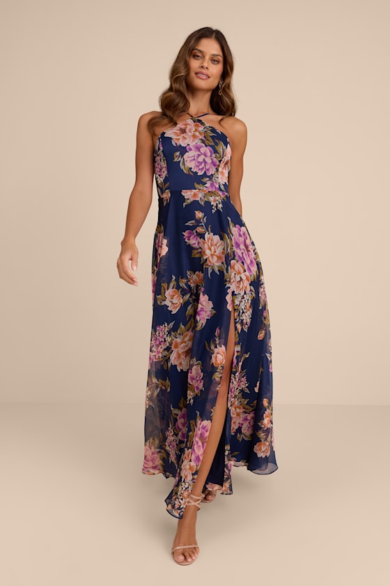 Romantic Marvel Navy Floral Print Halter Neck Maxi Dress #Color_Navy Floral Print