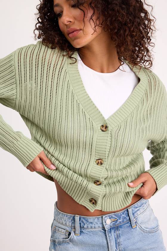 Fresh Feeling Sage Open Knit Button-Up Cardigan Sweater