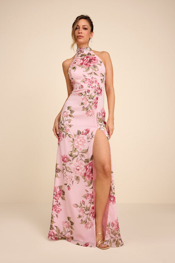 Captured Your Heart White Halter Maxi Dress #Color_Light Pink Floral