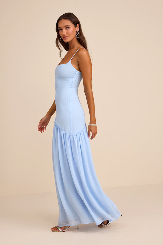Auria Navy Blue Chiffon Drop Waist Maxi Dress #Color_Light Blue