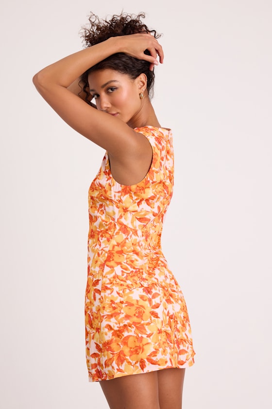 Alyvia Orange and White Floral Sleeveless Mini Dress #Color_Orange and White Floral