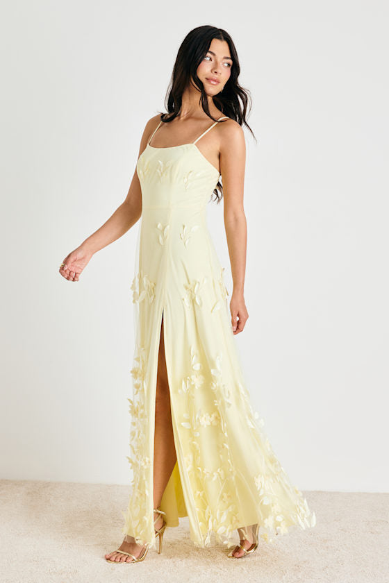 Abundant Charm Pale Yellow 3D Floral Applique Maxi Dress #Color_Pale Yellow