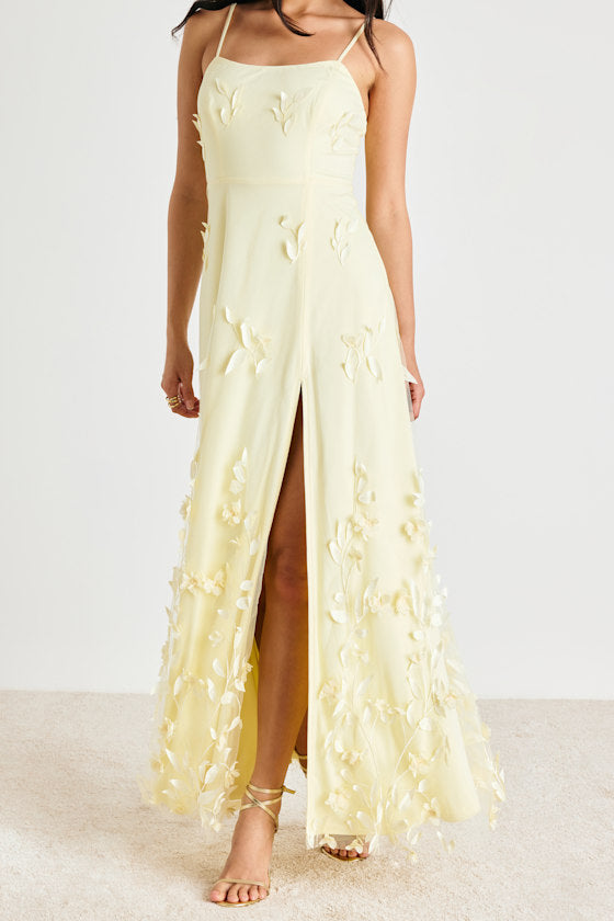 Abundant Charm Pale Yellow 3D Floral Applique Maxi Dress #Color_Pale Yellow