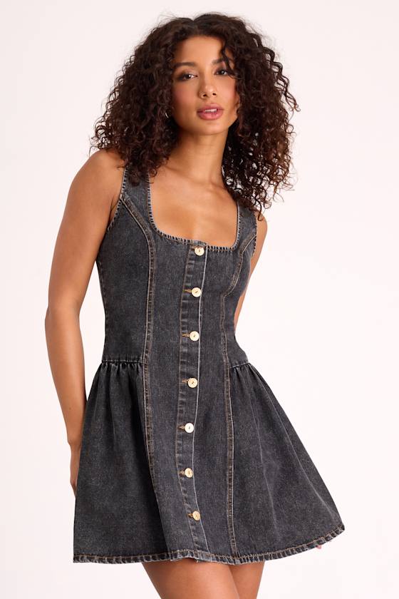 Prinsley Washed Black Denim Button-Front Mini Dress #Color_Washed Black