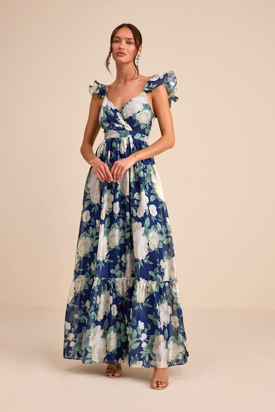 Soiree Perfection Light Blue Floral Ruffled Tiered Maxi Dress #Color_Navy Floral