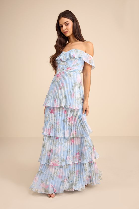 Always Remarkable Black Pleated Off-the-Shoulder Maxi Dress #Color_Light Blue Floral