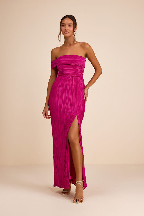 Poised Performance Fuchsia Plisse One-Shoulder Maxi Dress #Color_Fuchsia