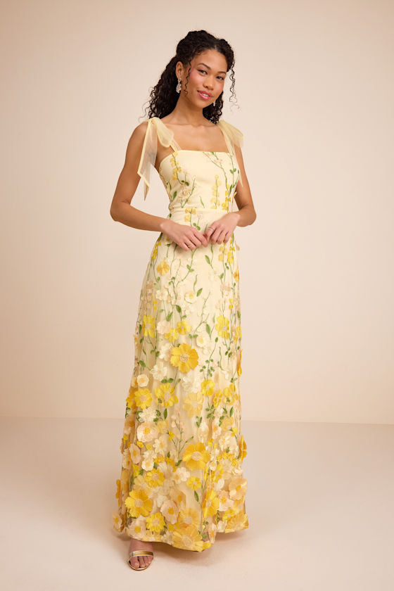 Thriving Poise Blush 3D Floral Embroidered Tie-Strap Maxi Dress #Color_Yellow