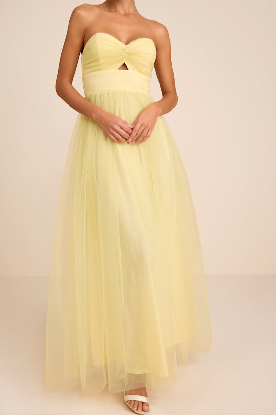 Lyssa Pale Yellow Tulle Strapless Cutout Maxi Dress #Color_Light Yellow
