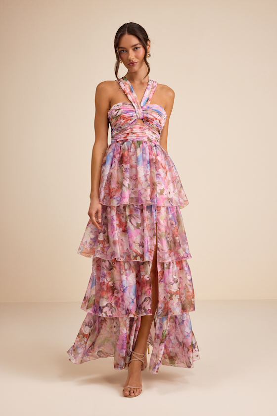 Dayanara Pink Multi Floral Organza Tiered Maxi Dress #Color_Pink Multi Floral