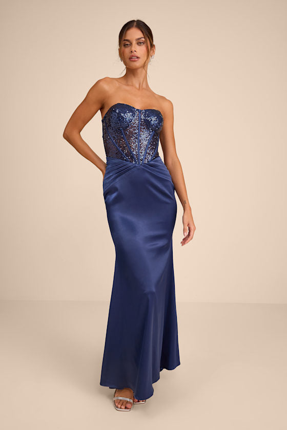 Ria Navy Blue Sequin Strapless Mermaid Maxi Dress