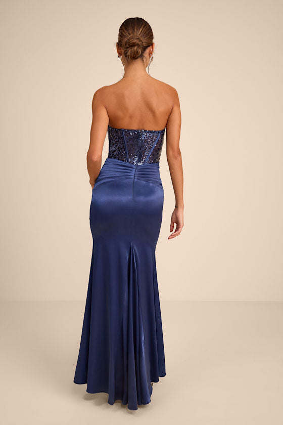 Ria Navy Blue Sequin Strapless Mermaid Maxi Dress