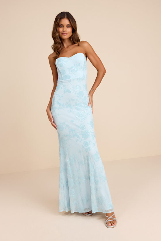 Mayley Light Blue Sequin Strapless Maxi Dress #Color_Light Blue