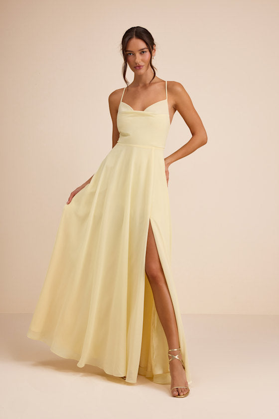 Romantically Speaking Black Cowl Lace-Up Maxi Dress #Color_Light Yellow