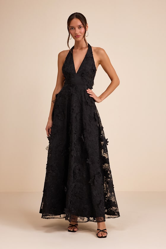 Kennia Black 3D Floral Embroidered Halter Maxi Dress #Color_Black