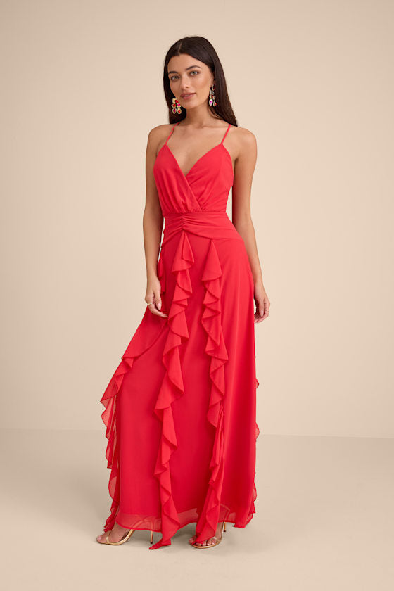 Astraea Lilac and Orange Abstract Surplice Ruffled Maxi Dress