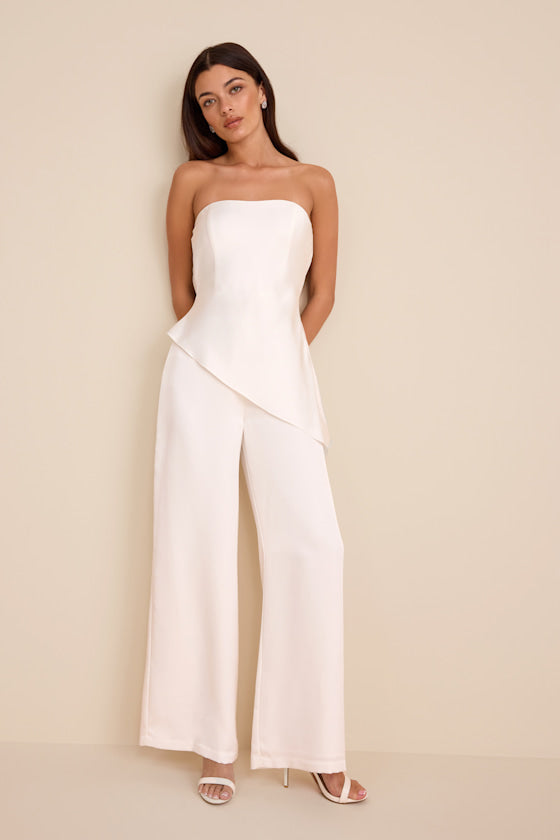 Zettie White Organza Asymmetrical Jumpsuit #Color_White