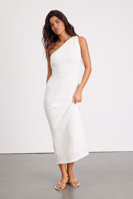 Aristea Light Green Textured One-Shoulder Midi Dress #Color_White