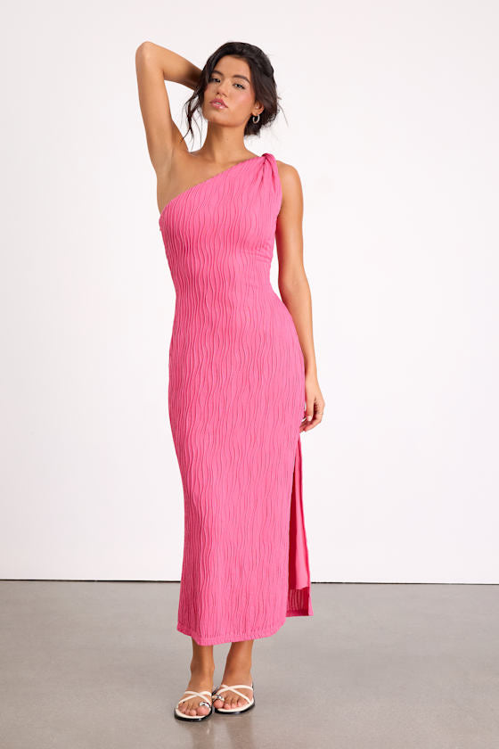 Aristea Light Green Textured One-Shoulder Midi Dress #Color_Pink