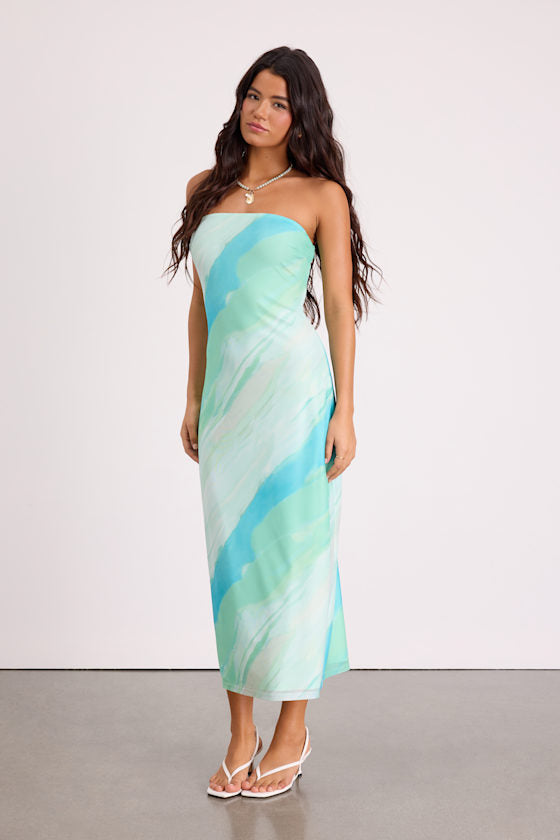 Jaylah Light Blue Multi Mesh Strapless Midi Dress