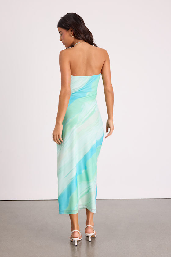 Jaylah Light Blue Multi Mesh Strapless Midi Dress