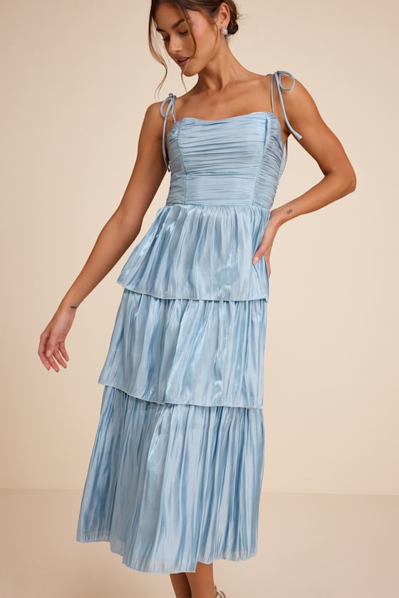 Tennon Olive Green Plisse Tiered Midi Dress